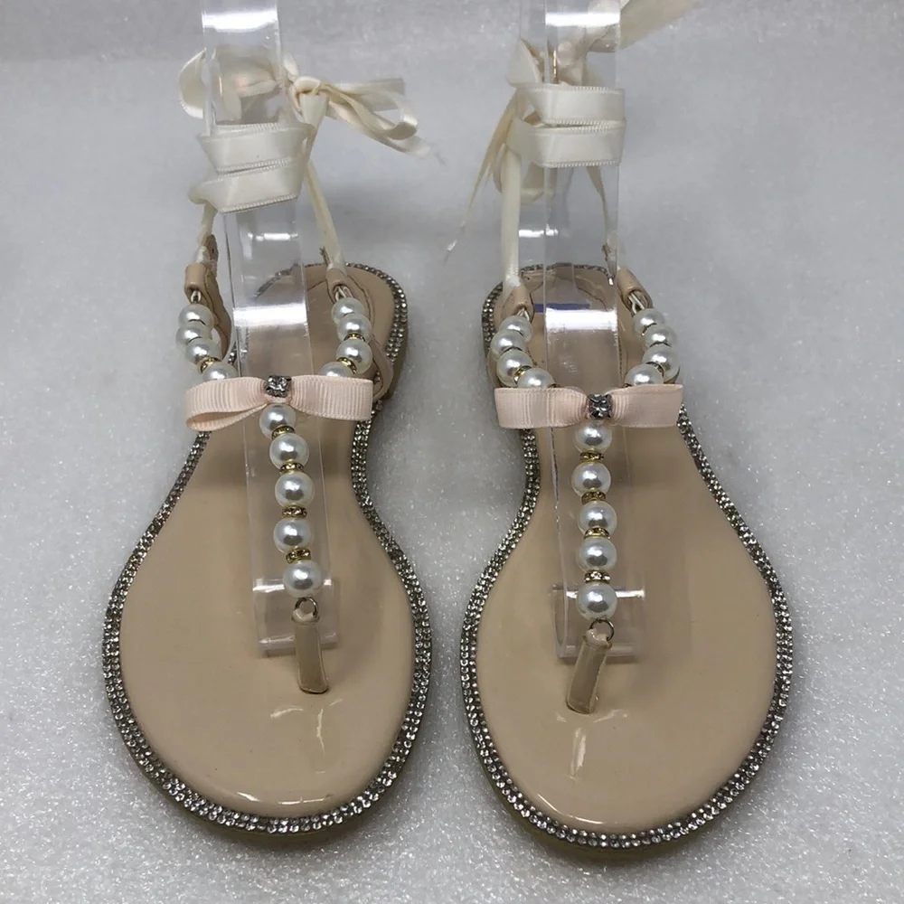 Kailee P Sandals Faux Pearl & Rhinestone Crystal Champagne Ankle Ribbon Size 33